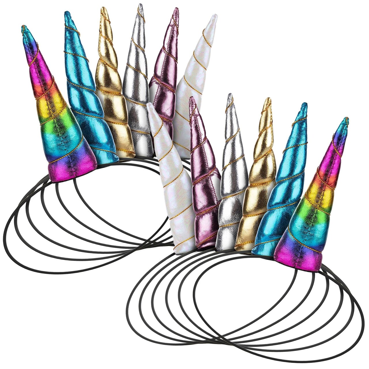 12-Pack Unicorn Headbands for Girls - Elastic Metallic Plush Horns for Birthday, Costumes Accessories, For Ages 3+